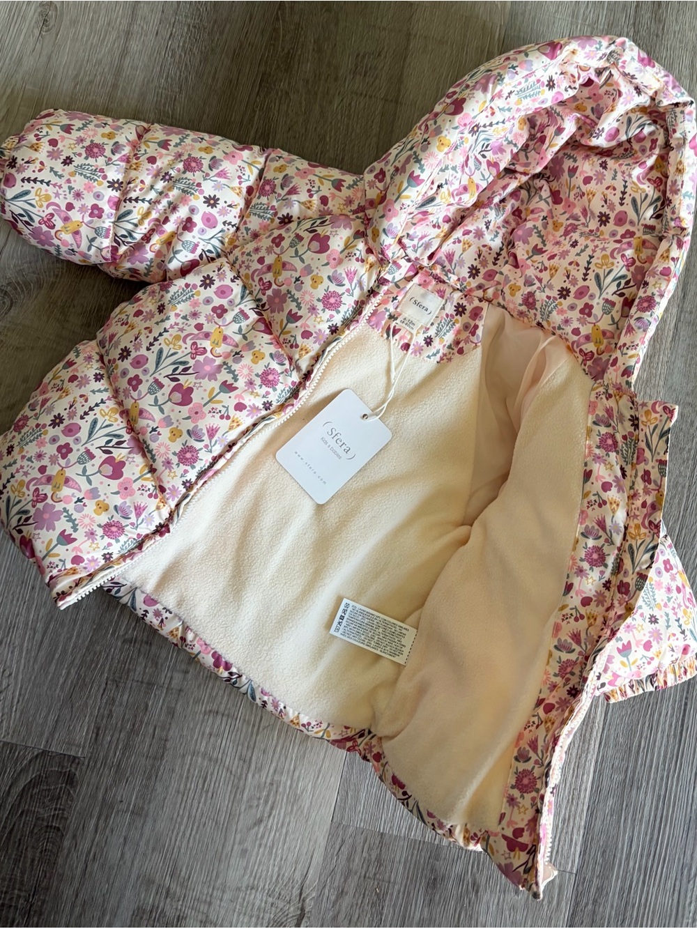 Girls' Floral Hooded Puffer Jacket in Pink with Cream Lining